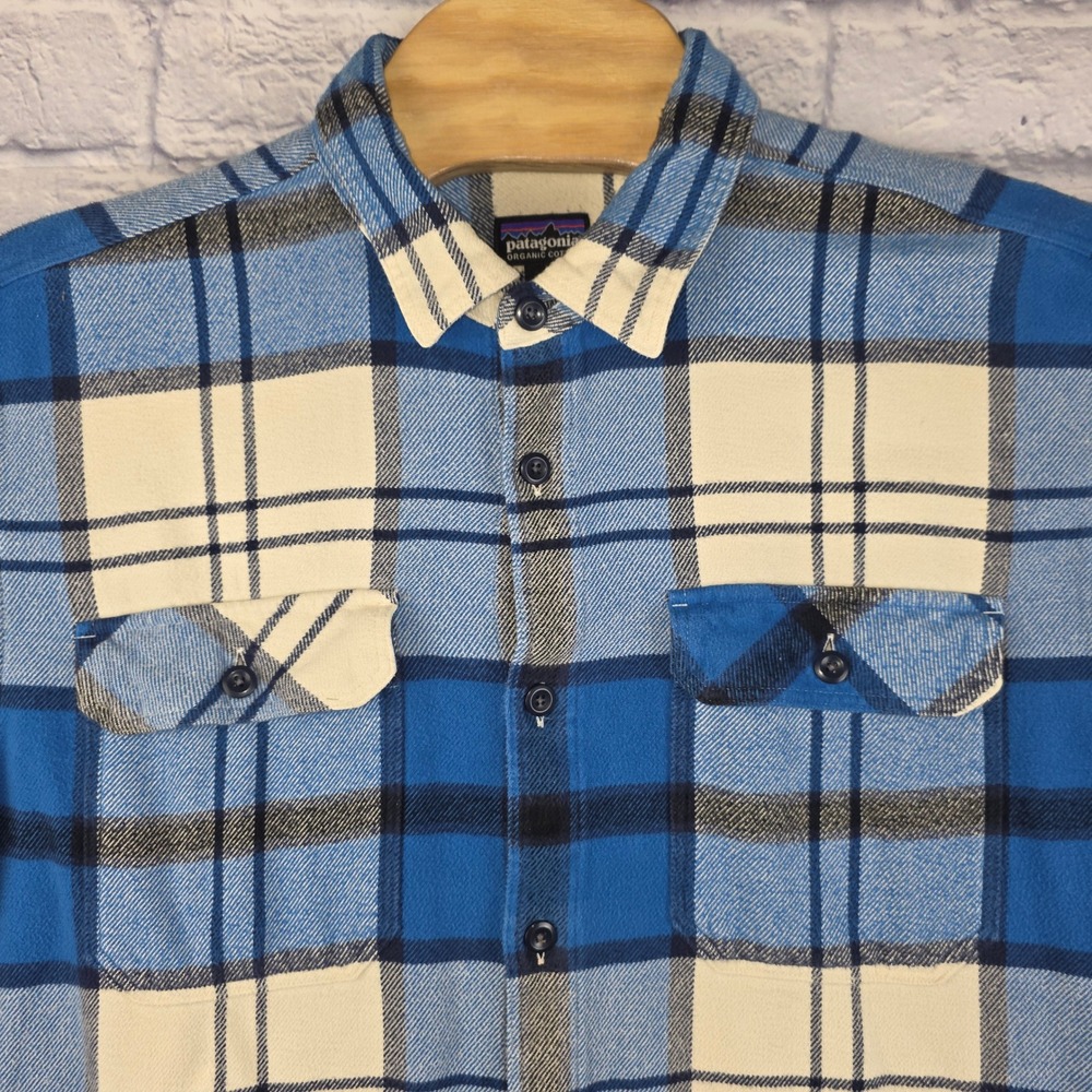 Patagonia Mens Fjord Organic Cotton Flannel Shirt Blue Plaid Button Size Large
